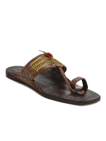 Kolapuri Centre Leather Brown Kolhapuri Jari Sandal