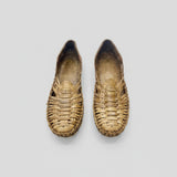 Pair of woven sandals on a light-colored floor
