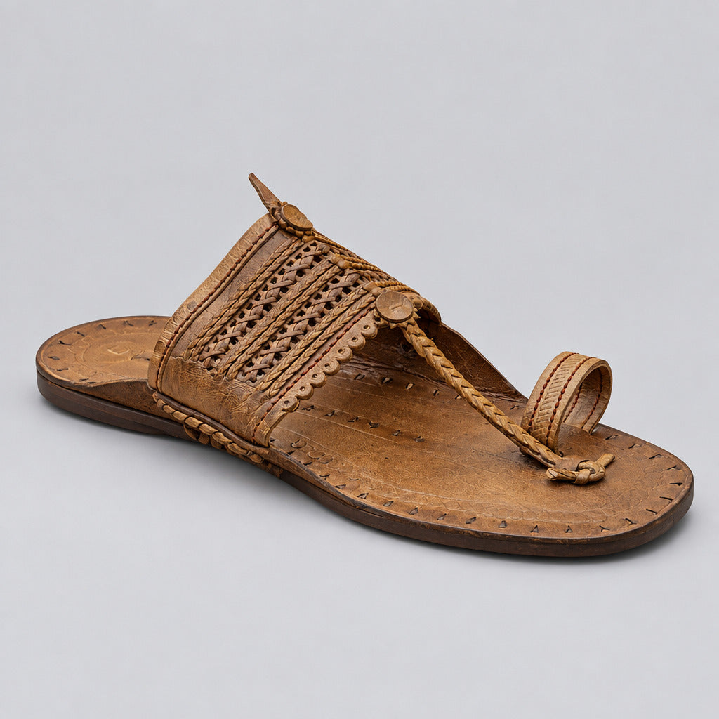 A single brown leather thong sandal with woven detailing and a toe loop, resting on a polished light gray marble floor.