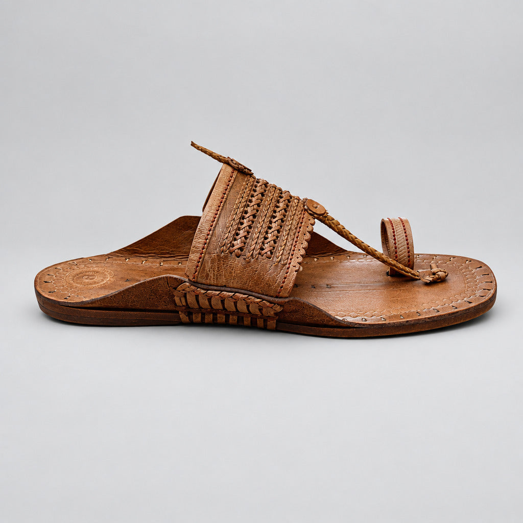 A single brown leather traditional sandal with intricate woven details on the strap, resting on a polished light beige stone floor.