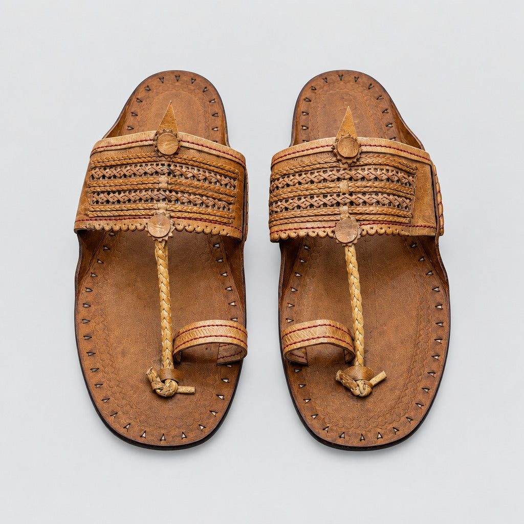 A pair of brown leather thong sandals with intricate woven and perforated strap details, displayed on a light-colored marble floor.