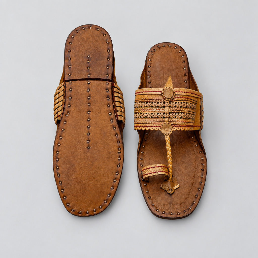 A pair of traditional brown leather thong sandals, one showing the sole and the other showing the top with a woven strap, placed on a light beige marble floor.