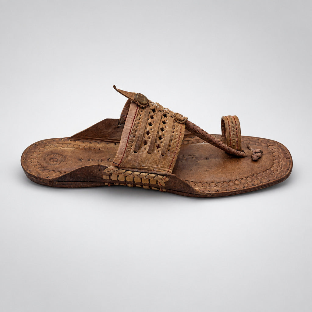 A single brown leather thong sandal with decorative cutouts and tassels, resting on a polished beige marble floor.