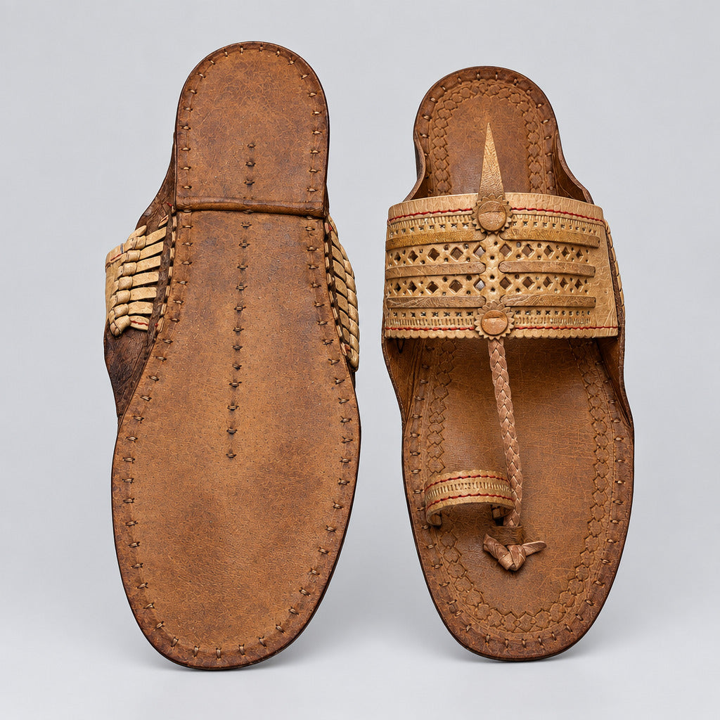 A pair of traditional brown leather thong sandals shown from both the top and bottom sides, placed on a beige marble floor.