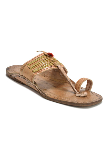 Kolapuri Centre Leather Tan Kolhapuri Jari Sandal